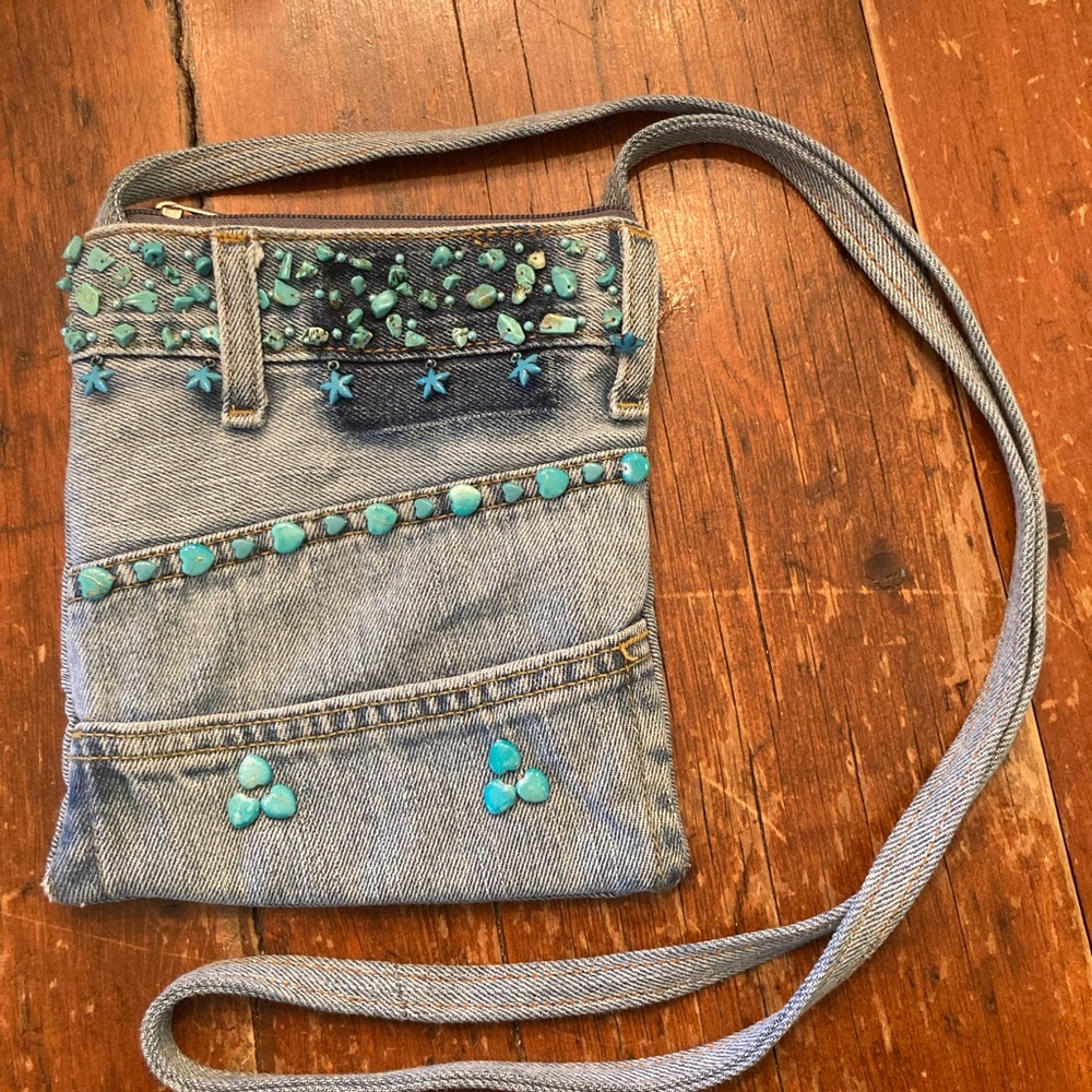 Boho Chic CROSSBODY HANDBAG Upcycled Blue Jean  Turquoise Embellishments NEW!